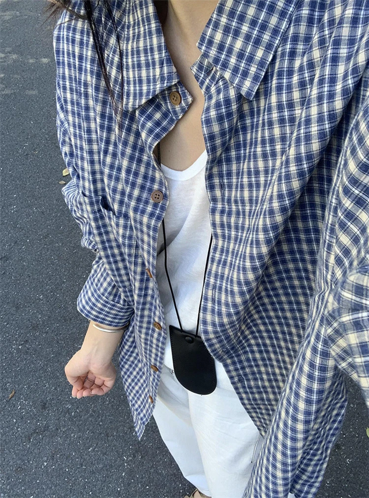复古宽松慵懒风格子衬衫女早秋新品韩版休闲简约长袖外搭通勤小衫