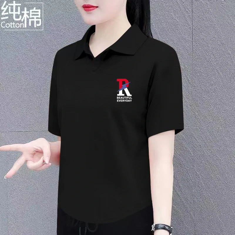 重磅100%纯棉翻领短袖t恤女夏季休闲百搭显瘦时尚洋气polo领上衣