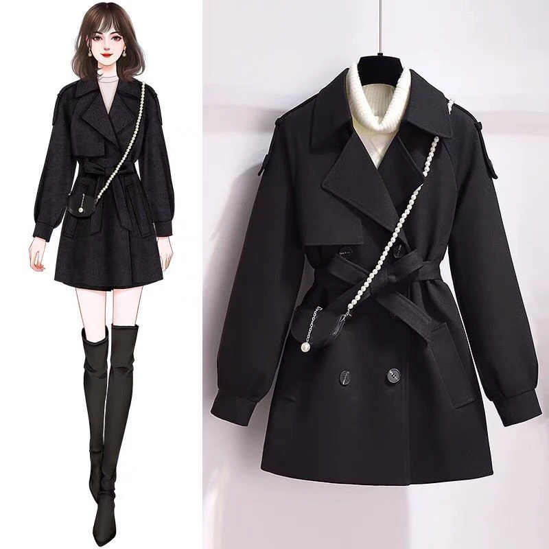黑色短款毛呢大衣女秋冬季2023年新款小个子呢子加加厚夹外套