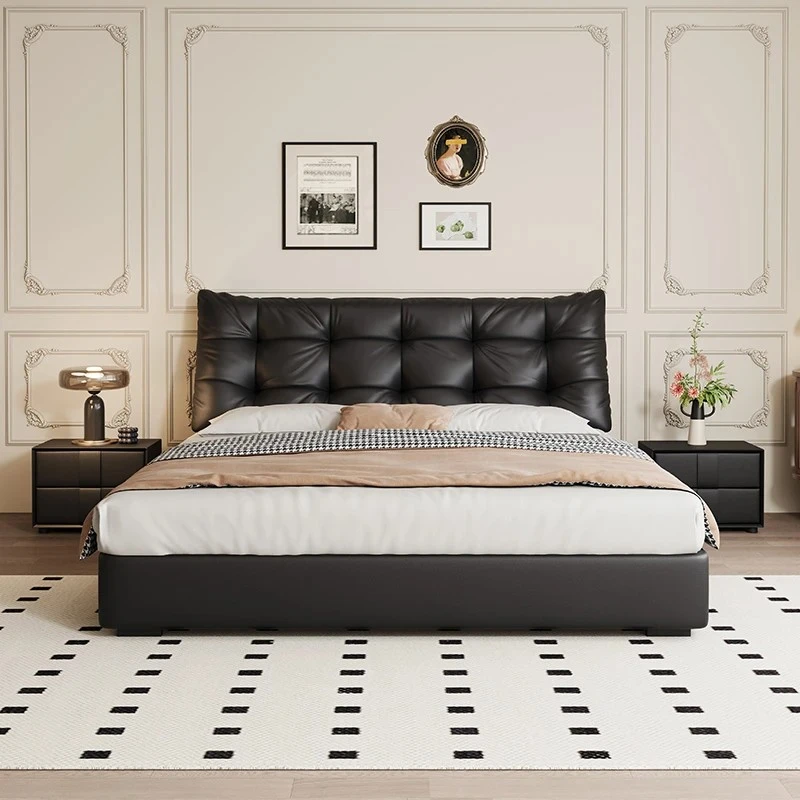 540#意式极简头层真皮床北欧现代简约1.8主卧简约轻奢双人泡芙床