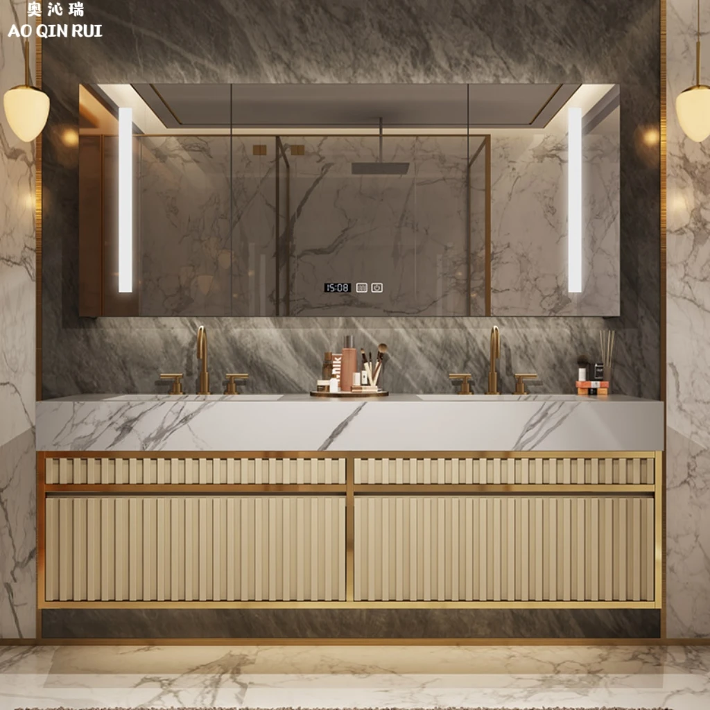 定制轻奢岩板无缝拼接陶瓷双盆浴室柜组合橡木烤漆洗手脸盆洗漱台