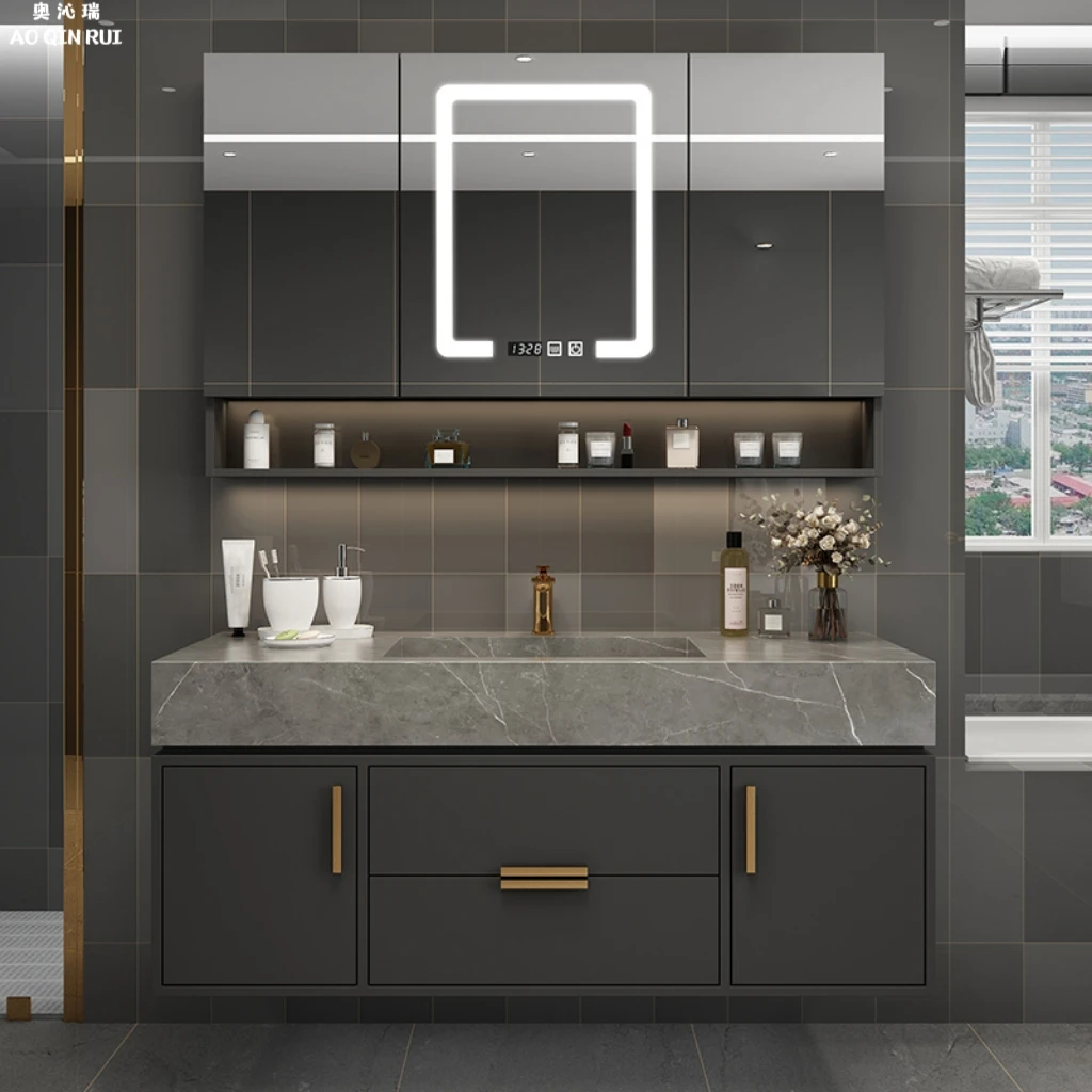 奥沁瑞轻奢岩板一体盆浴室柜组合卫生间洗手盆智能镜子卫浴柜定制