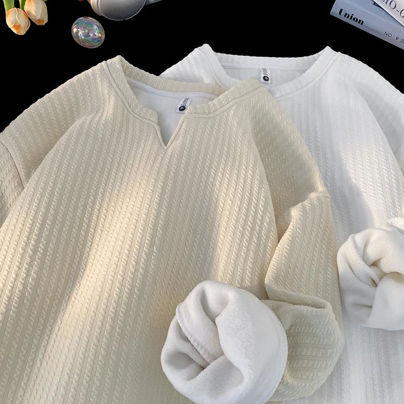 肌理感V领打底衫男款秋冬季加绒加厚青少年内搭潮牌新款长袖T恤