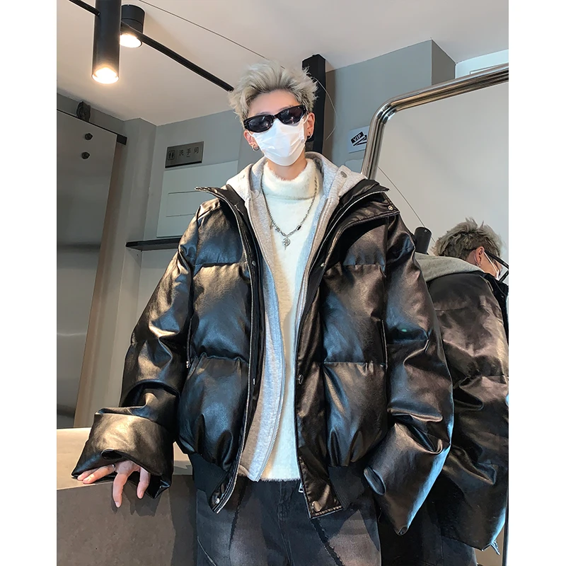 假两件皮棉服男款冬季美式高街加厚连帽短款棉衣外套宽松面包服