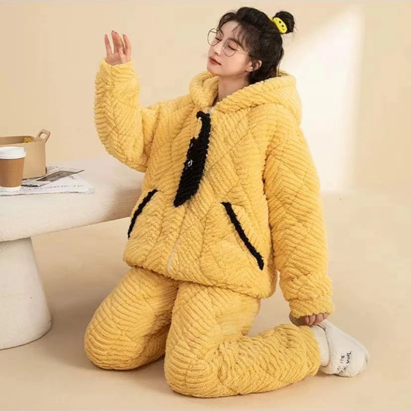 2024年新款冬季三层夹棉睡衣女拉链连帽珊瑚绒加厚卡通领带家居服