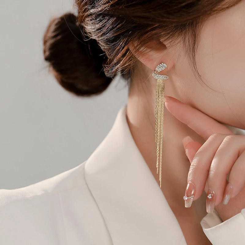铜合金合成锆石耳饰 镶锆石长款流苏耳环气质轻奢时尚百搭简约ins