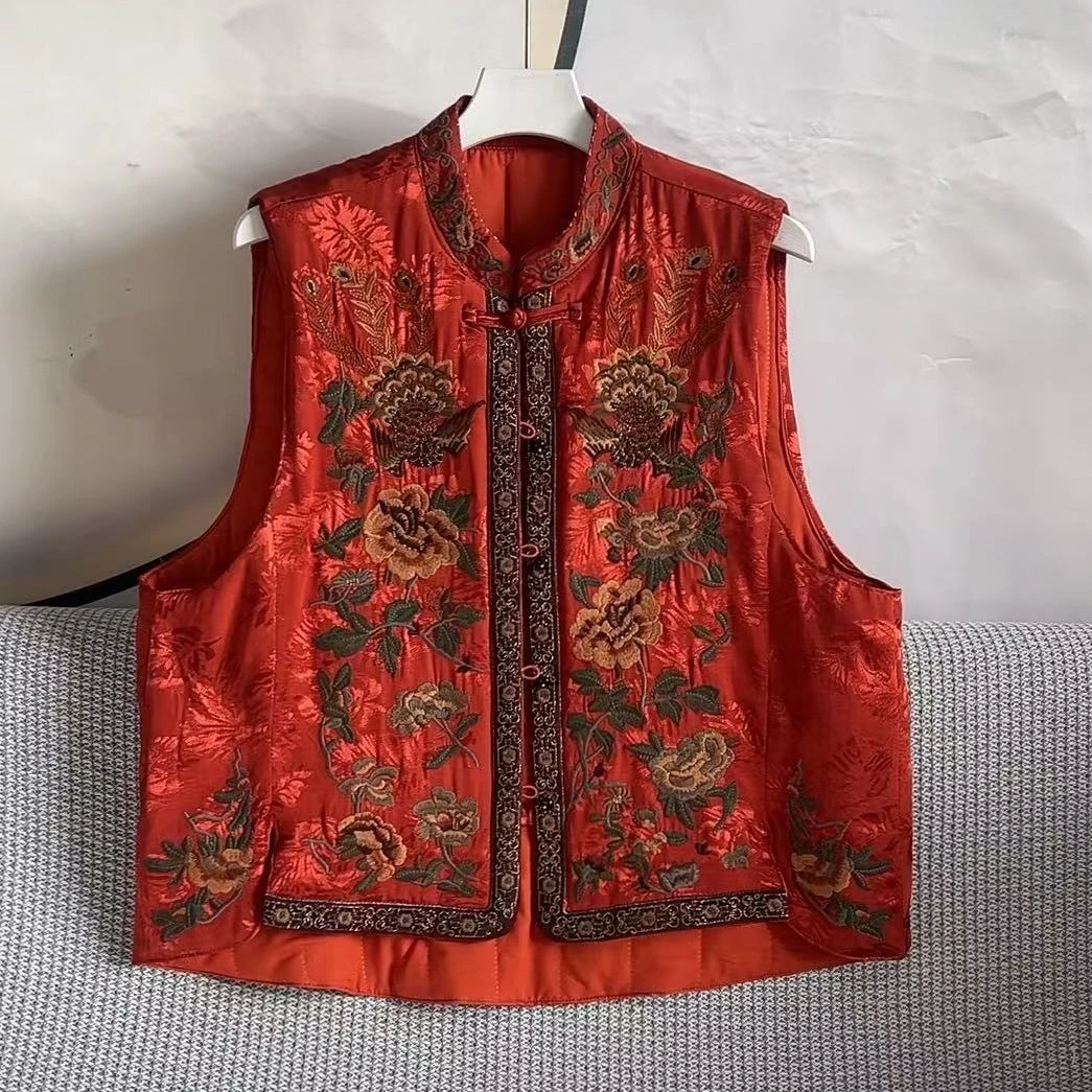 秋冬橘红刺绣棉马甲中式立领时尚提花民族风无袖背心