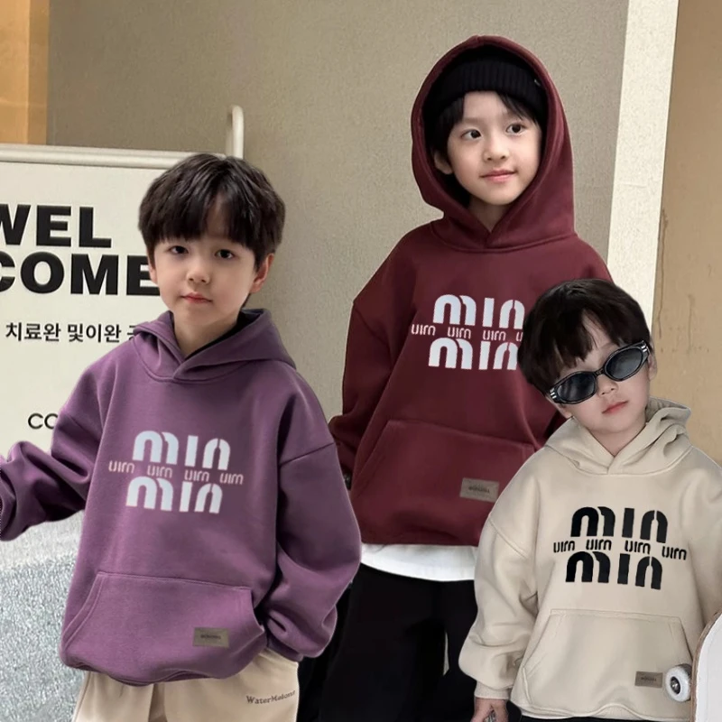 冬季羊羔绒男女童连帽时尚洋气卫衣男童加厚带帽套头加绒中大童