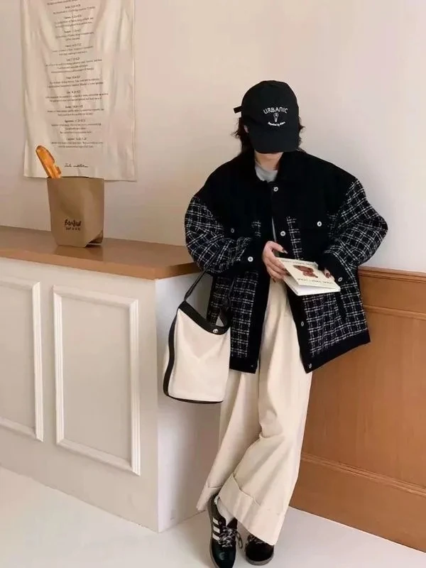 格子外套宽松冬夹棉拼接女棉衣翻领牛仔女粗花呢欧版小香棉服夹克