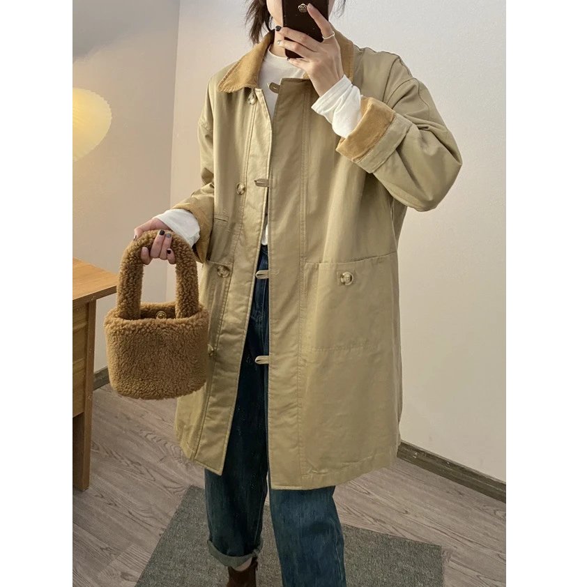 泰有氛围啦~日系拼接翻领夹棉风衣女宽松显瘦中长款轻薄棉衣外套