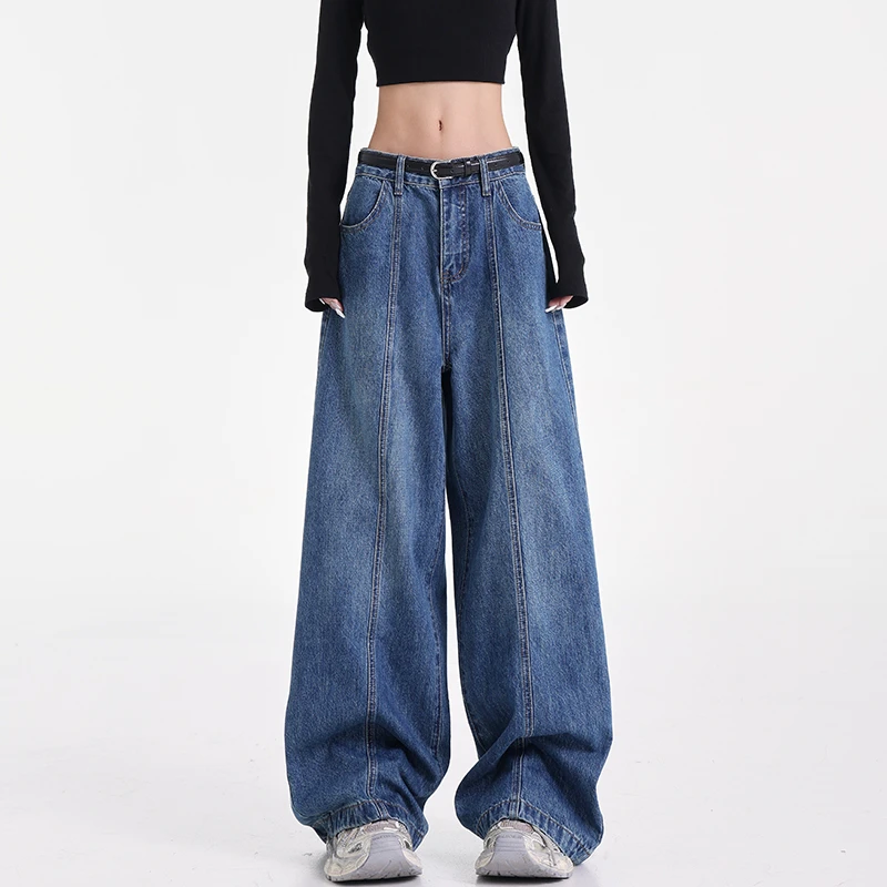 KEN STUDIO秋冬新款美式复古水洗直筒牛仔裤慵懒风宽松显瘦阔腿裤