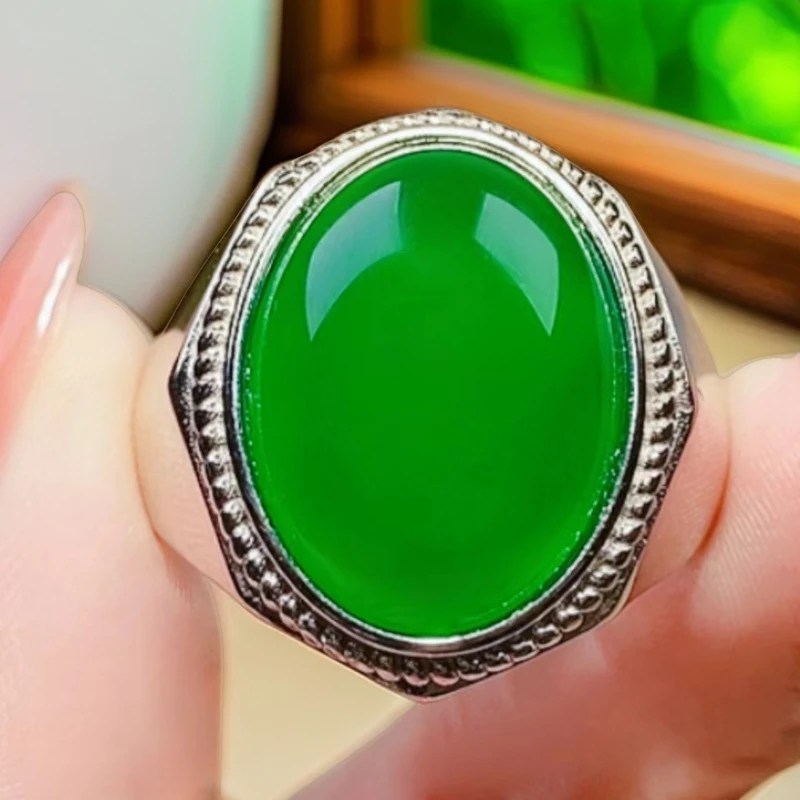 S925银镶嵌天然玉髓翠绿色重工高端大气上档次男戒  YY