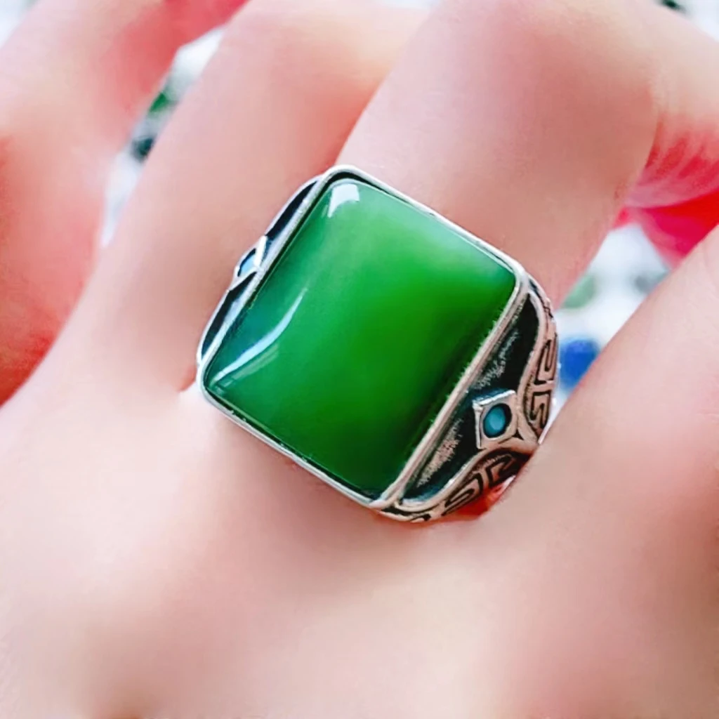 S925银镶嵌天然和田玉碧玉猫眼大方戒复古风高端大气上档次  YX