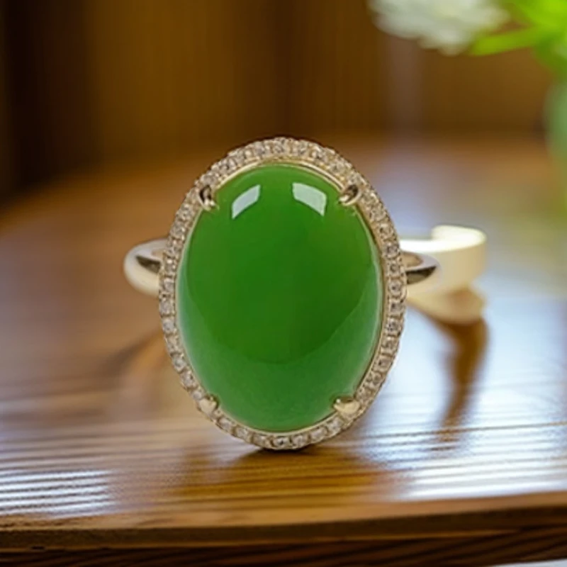 S925银镶嵌天然和田玉碧玉大蛋面轻奢时尚绿色女士银戒【18X13】