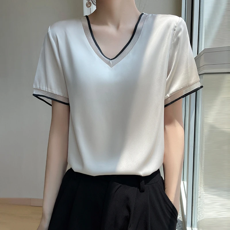 【正哥推荐】夏季新款桑蚕丝T恤真丝V领上衣内搭宽松打底短袖半袖女