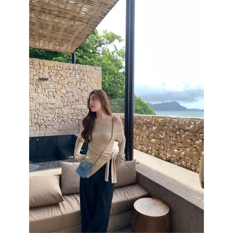 长袖针织纯T天菜韩系绑带一字肩小衫设计感气质收腰显瘦上衣女