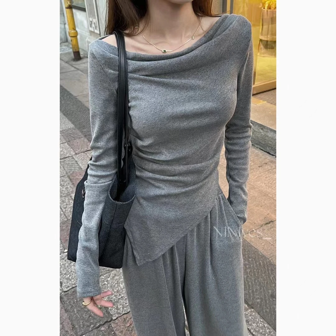 纯欲风轻奢高级感时尚套装长袖露肩针织衫高腰阔腿裤辣妹女一字肩