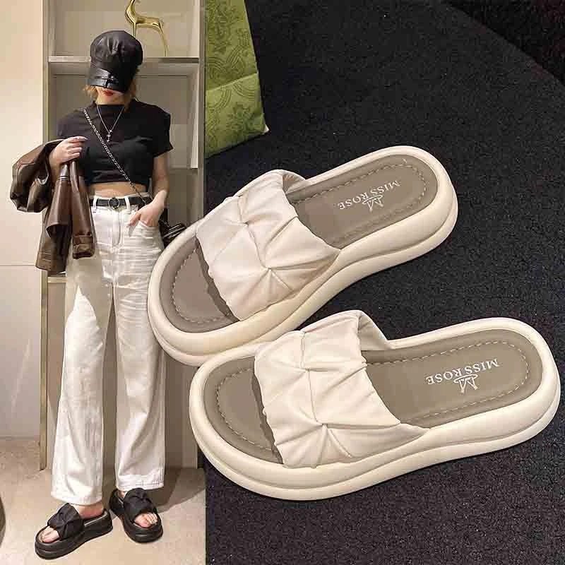 【现货】2025夏新款云朵褶皱厚底防滑露趾一字拖鞋女外穿百搭仙女风