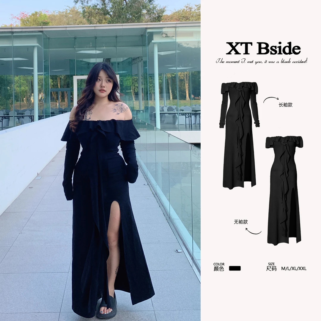 现货【心尖梦露】赫本风微胖大码露背气质性感开叉连衣裙20925