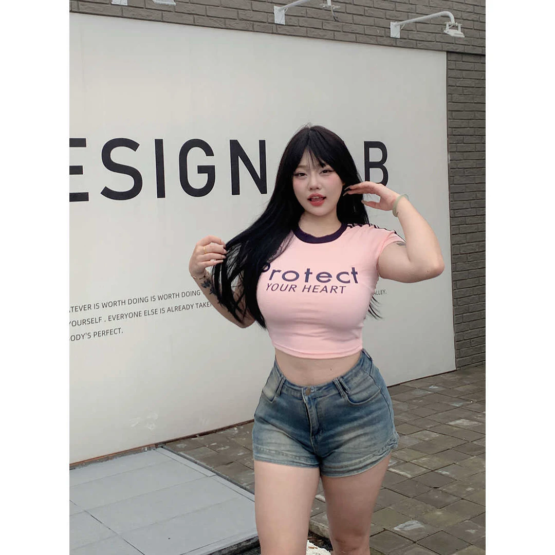 欣甜同款【T恤】气质撞色印花修身显瘦上衣2024年夏季新款短款10554