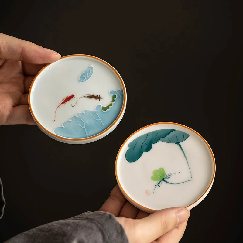 羊脂玉白瓷手绘荷花杯垫品茗杯防烫隔热杯托茶垫陶瓷茶具茶道配件