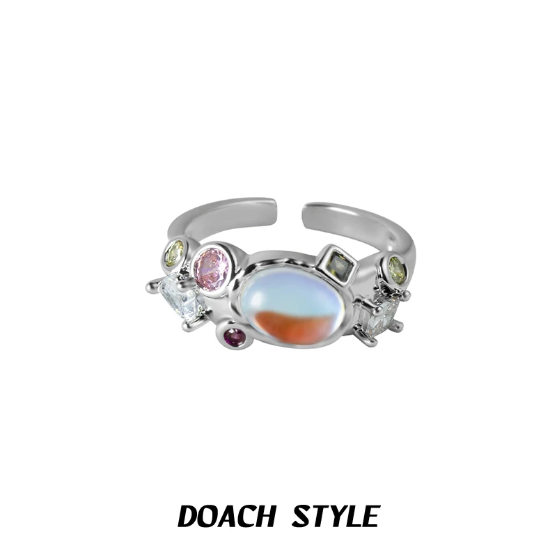 彩色月光石戒指女小众设计甜酷开口可调节个性轻奢高级感手饰品