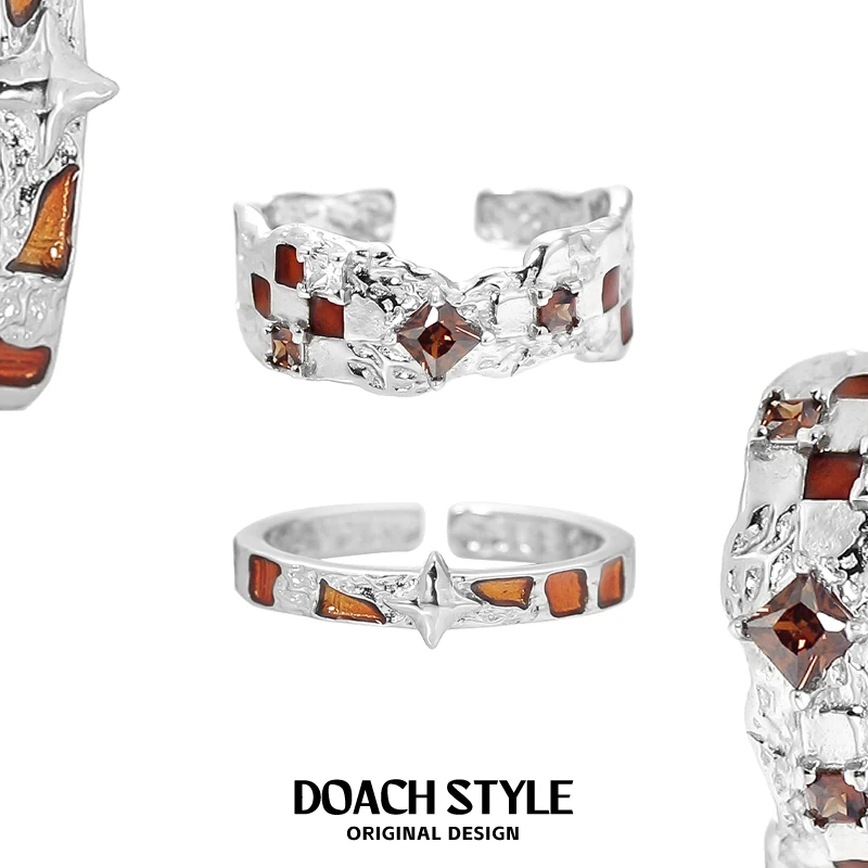 925银戒指 棋盘格S925纯银情侣戒指小众设计开口可调食指戒不掉色