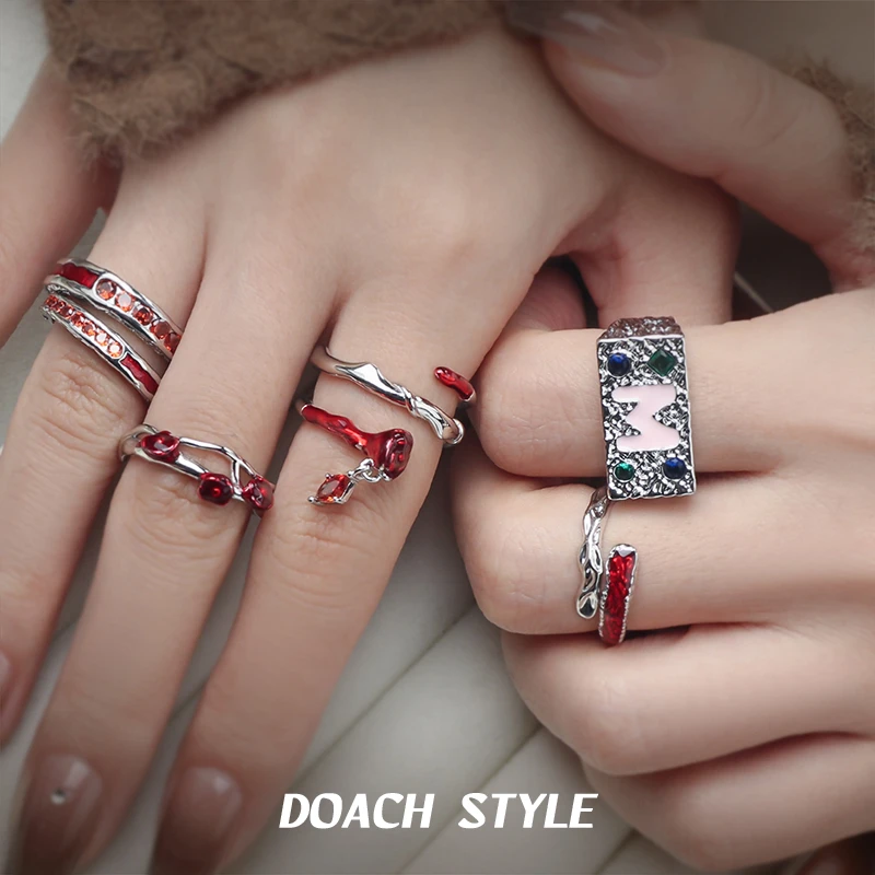 红色珐琅高级感戒指合集叠戴百搭轻奢指环小众设计高档情侣对戒