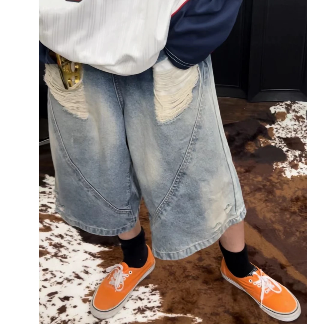 Tigher boys美式复古渐变水洗宽松猫须刮破七分牛仔裤直筒阔腿