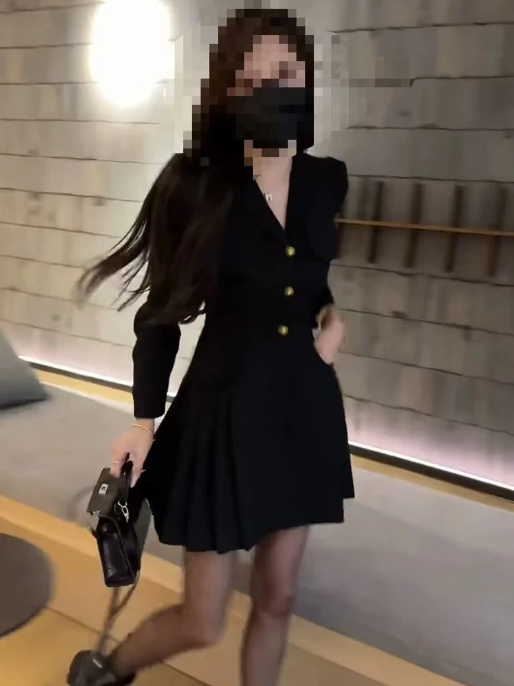 2024新款时尚西装领连衣裙大码女装胖女人收腰显瘦小黑裙子2411
