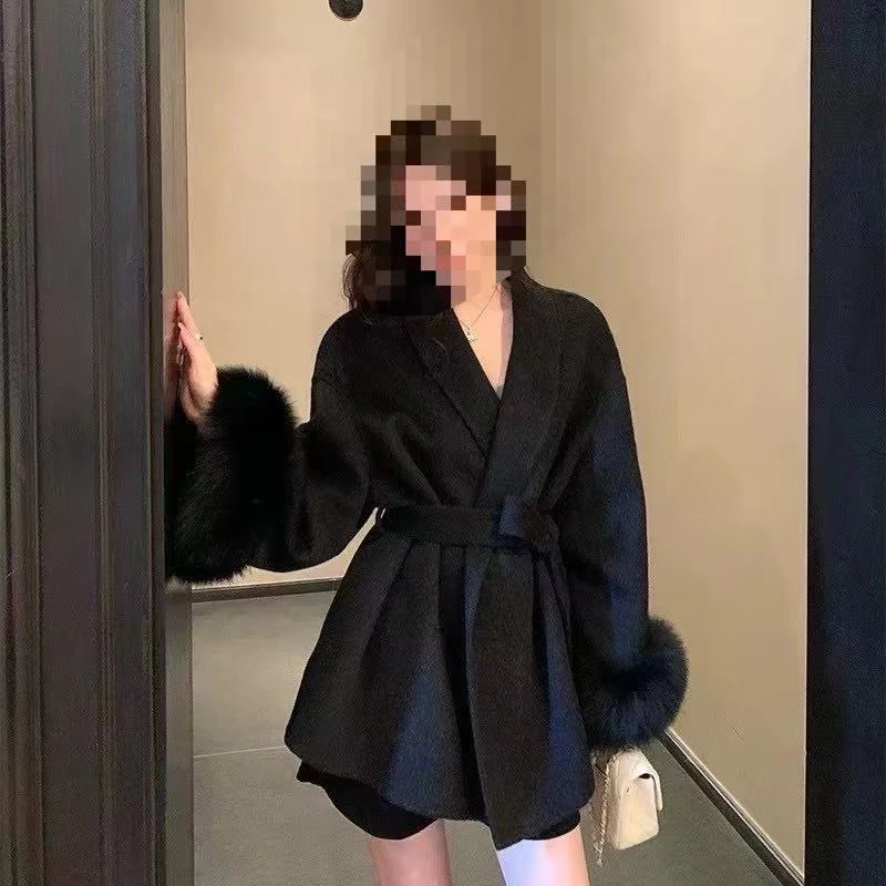 大码名媛小香风双面大衣女中长款收腰气质女王羊毛呢外套5033