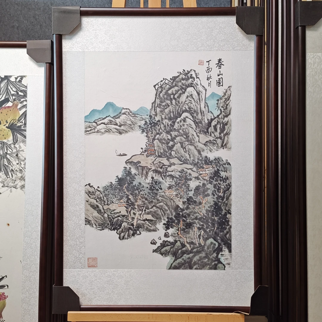 保真手绘字画带框63*93厘米 收藏春山图手绘山水画竖幅玄关