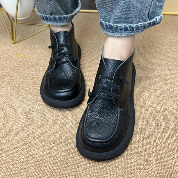 慕云手工新款真皮时尚百搭厚底软底软面黑色复古女短靴8350-29