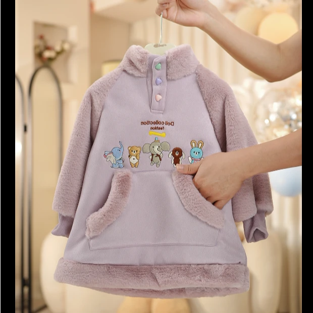 2024冬季新款儿童机车服 女宝可爱加绒加厚连衣裙 紫色卡通刺绣
