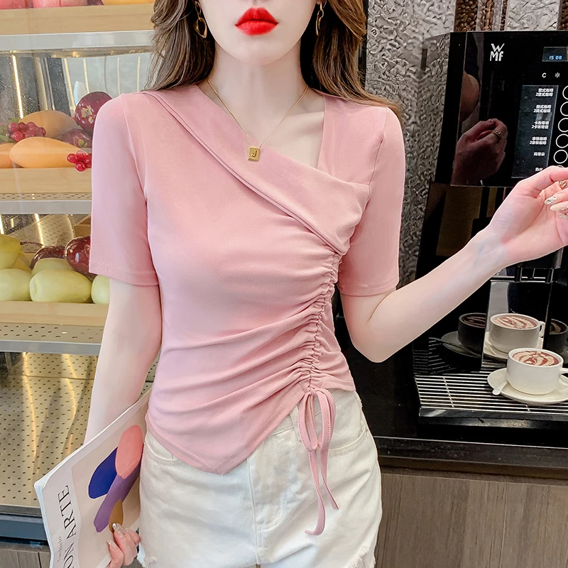纯色v领短袖t恤女2024夏季新款时尚纯欲不规则鱼骨设计感短款上衣