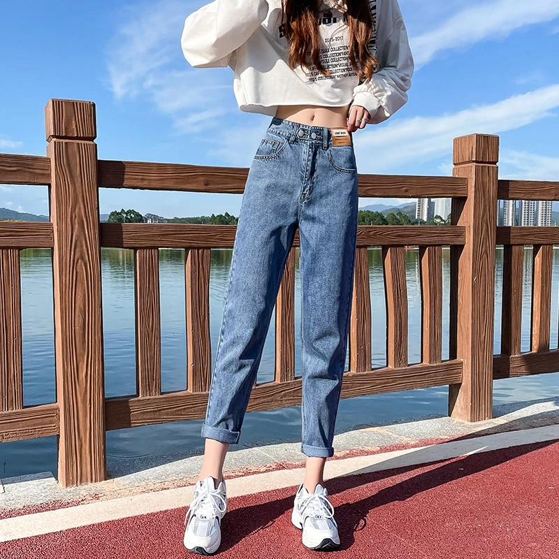 哈伦牛仔裤女春秋小个子八分老爹裤宽松高腰九分萝卜裤子休闲百搭