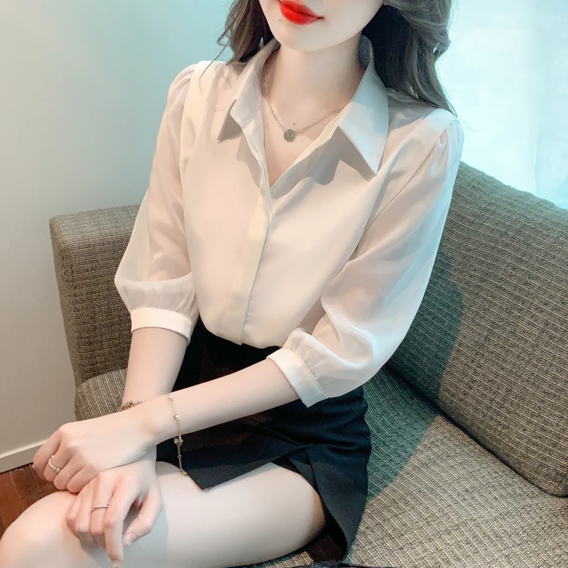 高级感短袖雪纺衬衫女夏装2024夏季新款时尚白色衬衣气质显瘦上衣