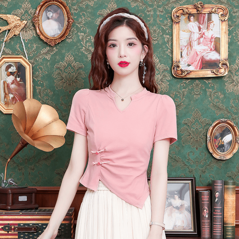 新中式国风盘扣粉色短袖t恤女夏季褶皱掐腰高级感不规则短款上衣
