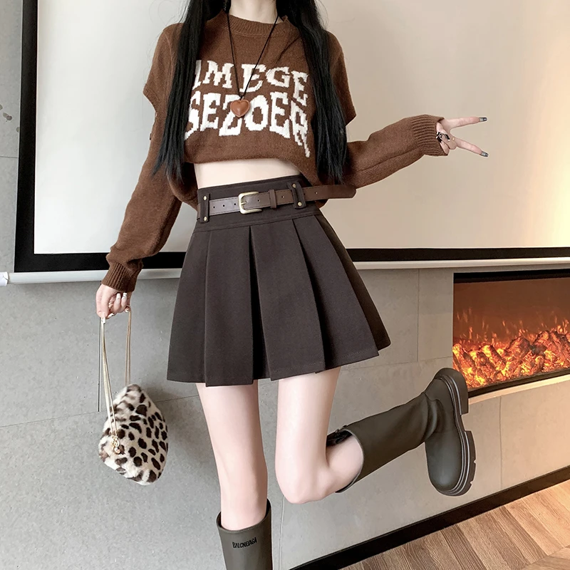 2024春秋新款高腰显瘦复古设计感韩版百搭毛呢百褶A字半身裙短裙