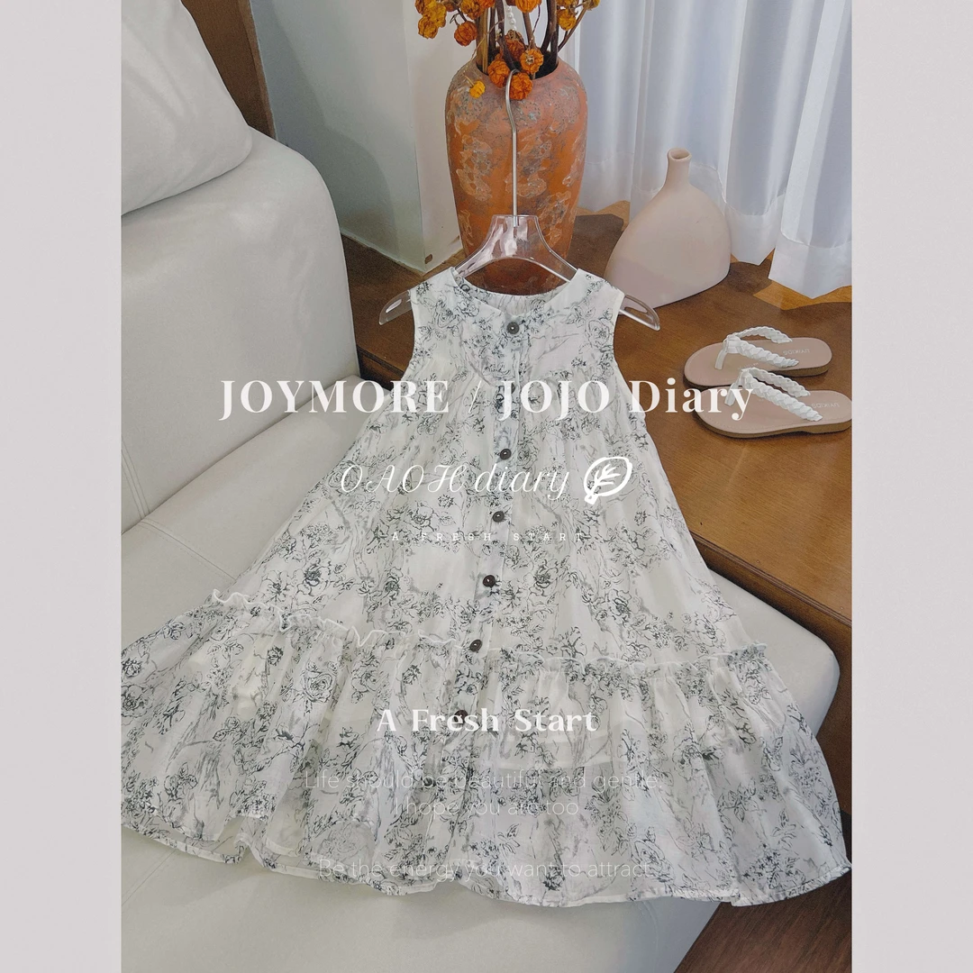 OAOH【一梦清欢】夏季中大童女童无袖国风设计感碎花连衣裙Q2C525