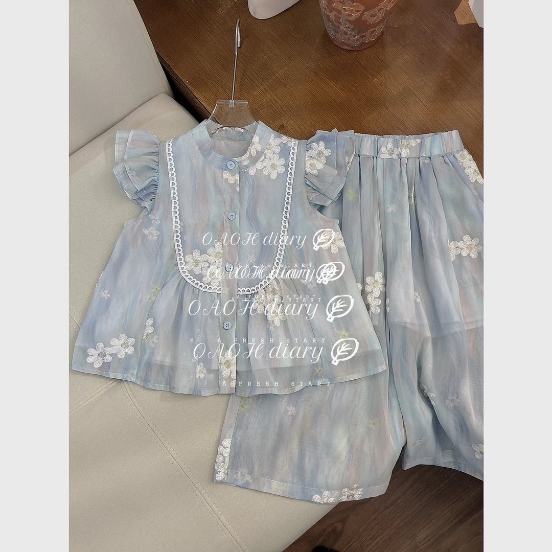 OAOH【清澈】2024夏季小清新蕾丝褶光感精致上衣套装女童TZIC7157
