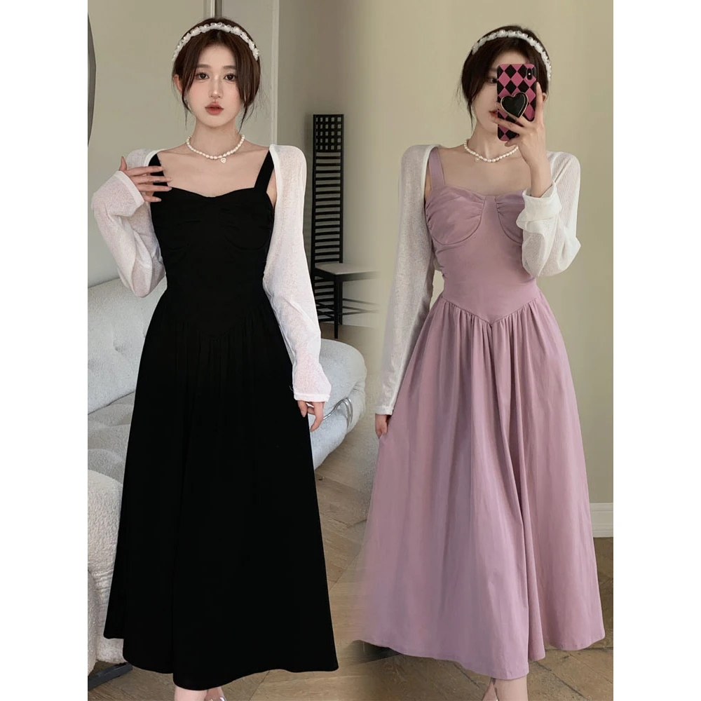 【鲸玺严选】一尧最长的电影大码法式复古褶皱吊带气质单连衣裙