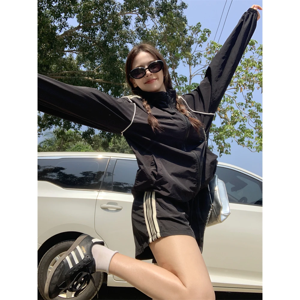 实拍实价~休闲运动服套装女夏2024新款时尚冲锋衣宽松跑步两件套