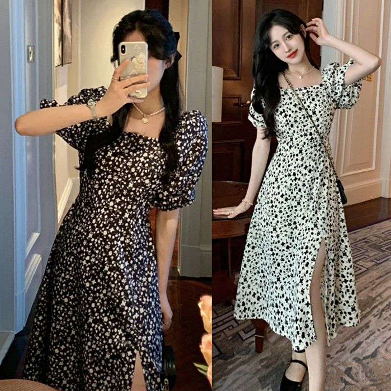 泡泡袖碎花黑白法式方领气质连衣裙2023新款女夏季收腰显瘦侧开叉