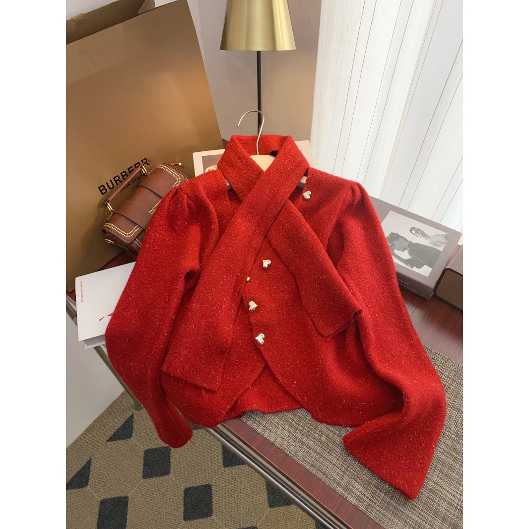 2024春款龙年新年红色衣服两件套本命年女装毛衣套装上衣加围巾