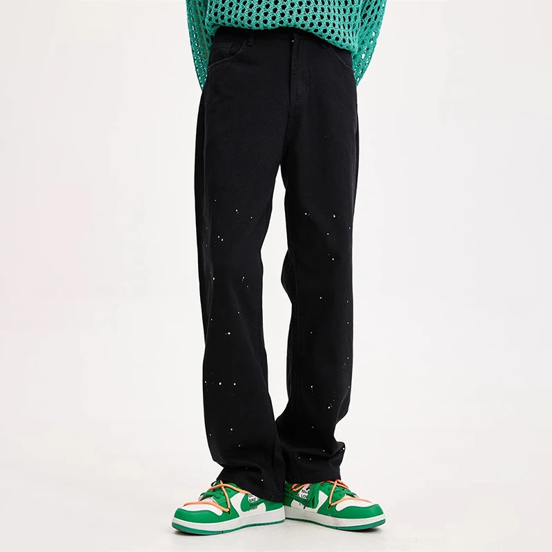 Voguo Relay小众泼漆设计感宽松直筒黑色白色中腰纯棉牛仔裤男女