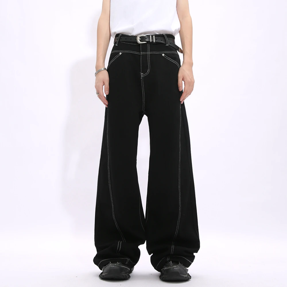 Voguo Relay加长设计感辑明线轮廓设计黑色牛仔裤阔腿直筒男女