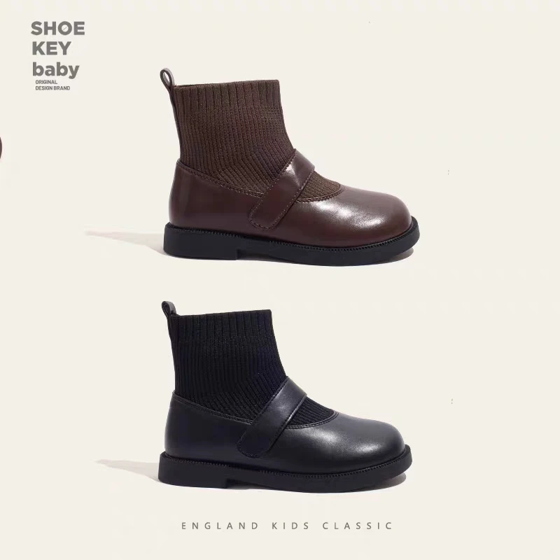 女童靴子单靴2023新款儿童针织靴小女孩公主皮靴秋冬中大童马丁靴