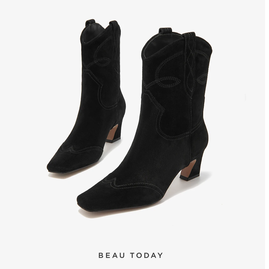 BeauToday美式复古西部靴女牛仔靴女BT短靴女2024时尚百搭
