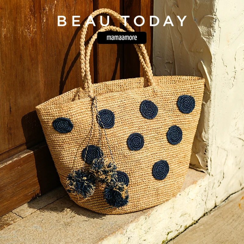 BeauToday夏季度假波点拉菲草包包手提包腋下包简约手拎包